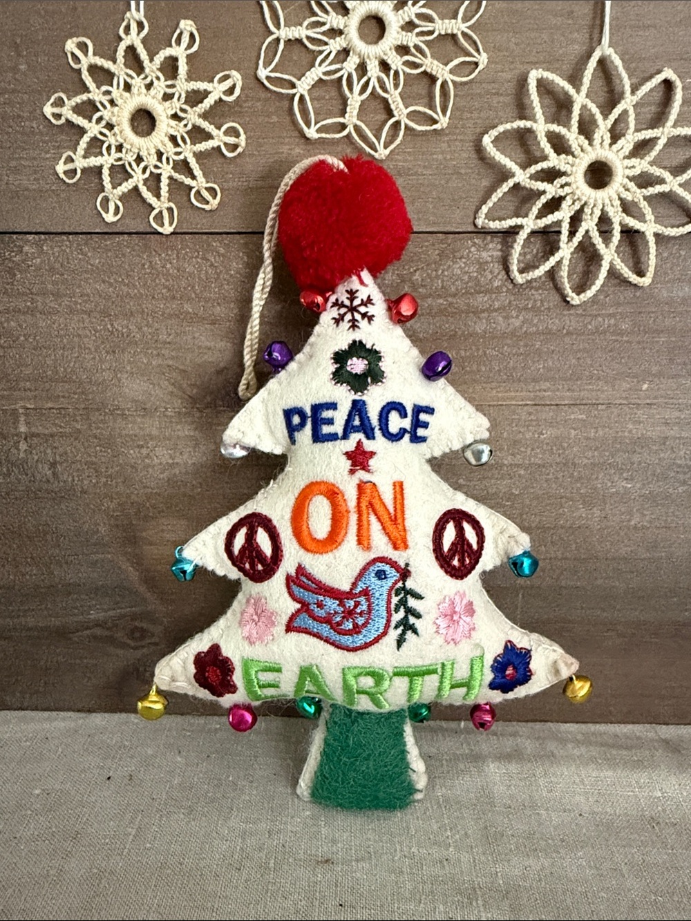 🎄 World Market Wool Embroidered Peace on Earth Christmas Tree Ornament